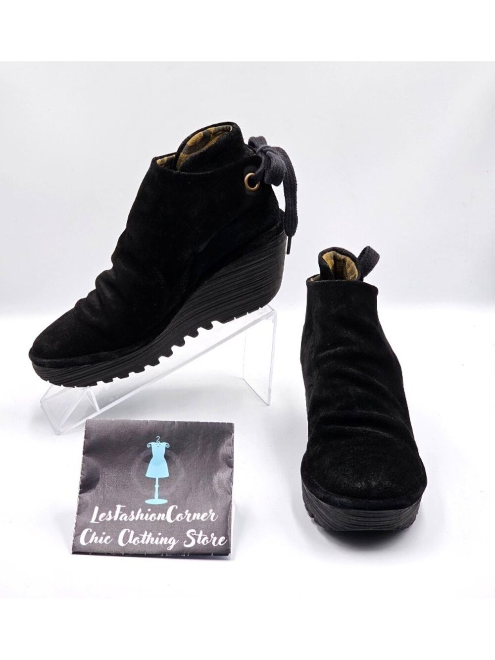 FLY London Women's Yebi Black Suede Ruched Ankle Wedge Booties Sz  6.5 (37) 2343